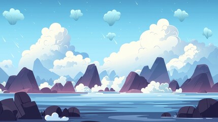 A tranquil lake scene with mountains and fluffy clouds in a cartoon style