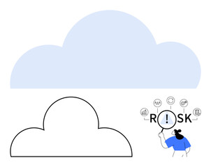 Cloud outlines signify abstract data or storage. Person with magnifying glass explores risk with connectivity icons. Ideal for tech, cybersecurity, analysis, strategy, forecasting, innovation