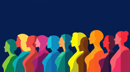 A vibrant illustration of diverse women's silhouettes in various colors, representing unity and empowerment against a dark blue background.