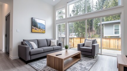 Fototapeta premium Modern living room with forest view, relaxing atmosphere, vacation rental