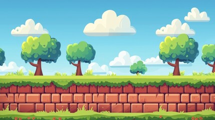 Cartoon Landscape with Brick Wall, Trees, and Clouds
