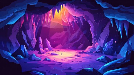 A Neon-Lit Cave With Stalactites and Rocks