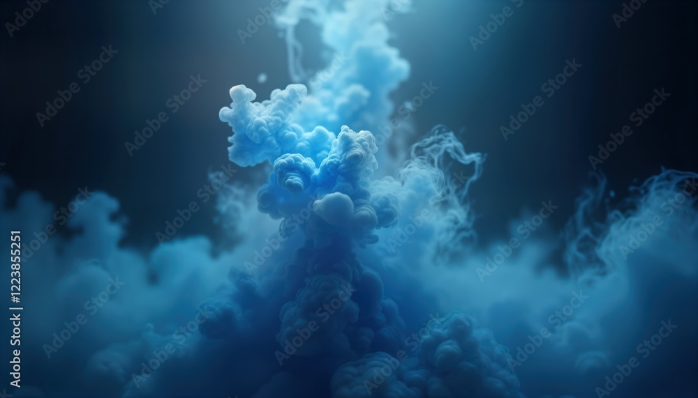 Poster abstract art photo shows swirling blue smoke against dark background. mysterious, ethereal atmospher