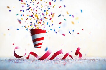 Obraz premium Cartoon firecracker bursting with confetti and ribbons creates a festive atmosphere for celebrations and birthday parties in faded colors