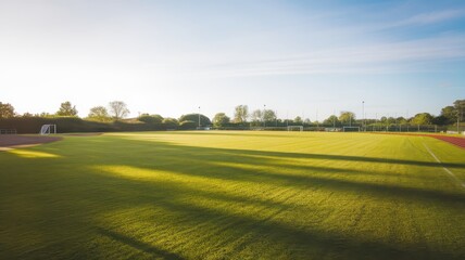 Obraz premium A pristine football field bathed in morning sunlight, showcasing vibrant green grass and long shadows, perfect for outdoor sports activities.