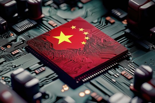 Conceptual representation of artificial intelligence systems showcasing Chinese innovation with a chip featuring the Chinese flag