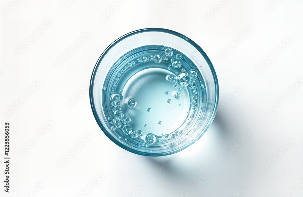 Poster clear glass of water with bubbles. top down view on white background. fresh and simple design. drink