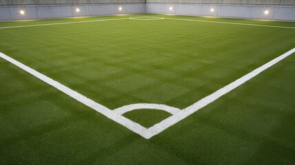 Fototapeta premium A vibrant, well-maintained artificial turf soccer field, showcasing crisp white lines against a lush green surface, inviting play and competition.
