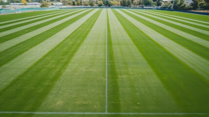 Aerial view of a freshly striped soccer field, showcasing vibrant green grass with clear lines, ideal for sporting events and practice.