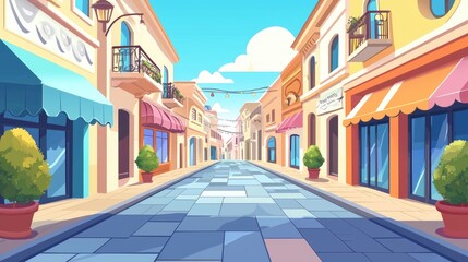 Obraz premium A charming cobblestone street lined with colorful buildings and shops on a sunny day.