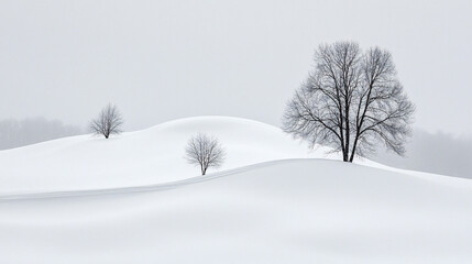 Serene winter landscape featuring snow-covered hills and bare trees under a cloudy sky