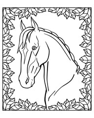 Horse Symbol 2026 according to Chinese horoscope. Portrait of a graceful Akhal-Teke horse in a frame of leaves - vector linear picture for coloring. Outline. Horse head for coloring book	