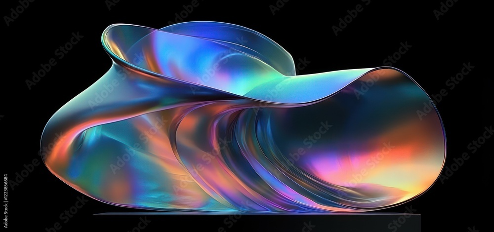 Poster iridescent abstract sculpture swirling form colorful background 3d render