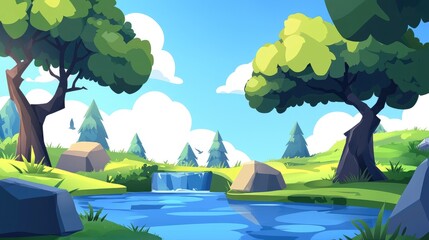 Naklejka premium Tranquil Forest River with a Waterfall