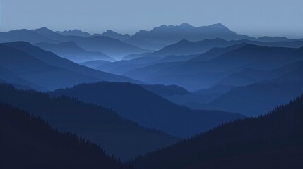 Serene and Misty Mountain Range at Dusk with Soft Blue Tones, Capturing the Tranquil Beauty of Nature and the Layers of Majestic Peaks Under the Evening Sky