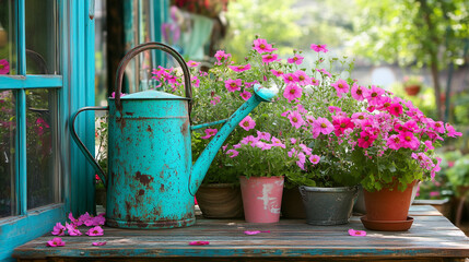 Rustic garden scene with vibrant blue watering can and pink flowers