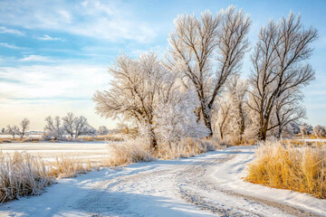 Obraz premium Winter landscape featuring snow-covered trees and a winding path beside a frozen river under a clear sky