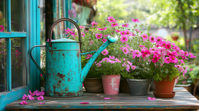 Rustic garden scene with vibrant blue watering can and pink flowers
