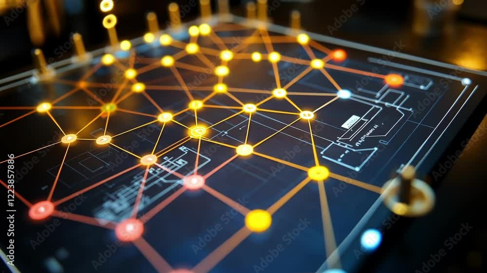 Poster complex network of interconnected nodes glowing on a futuristic control panel, displaying manufactur