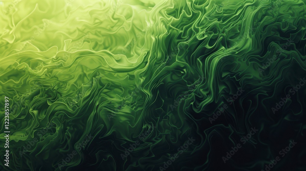 Wall mural abstract green fluid background with swirling patterns, showcasing a harmonious blend of light and d
