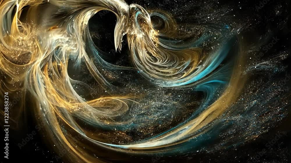 Poster dynamic abstract swirl of gold and blue hues embedded in a dark cosmic background