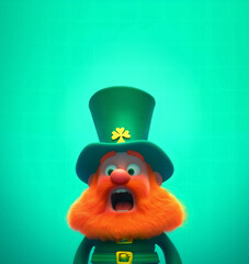 Fototapeta premium Funny 3D Leprechaun Portrait with Shocked Expression and Top Hat on Turquoise Background