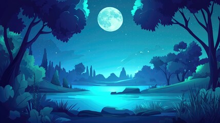 Obraz premium Nighttime Forest Landscape with Full Moon and River