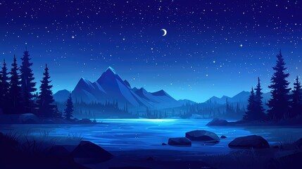 Fototapeta premium Nighttime Landscape with Mountains, a Crescent Moon, and a Lake