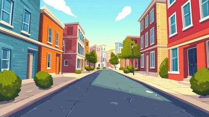 Obraz premium A picturesque street lined with colorful buildings and lush greenery.