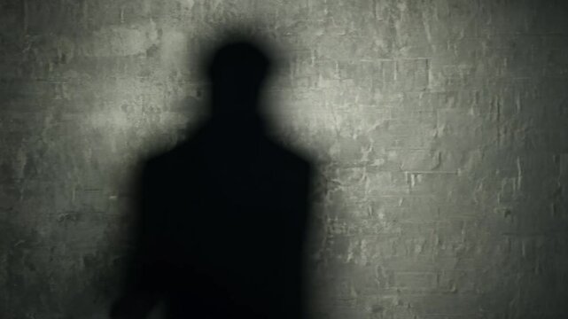Dolly out video of a shadowy figure slowly fading away against a textured dark gray wall, low key lighting, subtle light rimming the figure, creating a sense of mystery