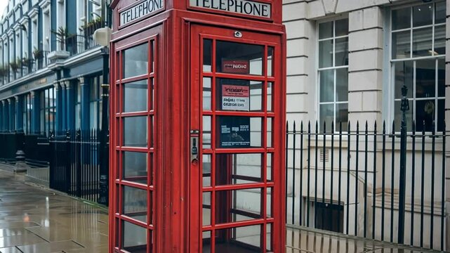 A classic British red telephone booth stands at a street corner, featuring glass panels, a domed roof, a 'TELEPHONE' sign, and a crown emblem.