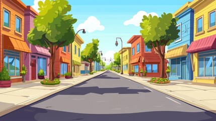 A Colorful Street Lined with Shops and Trees in a Cartoon Style