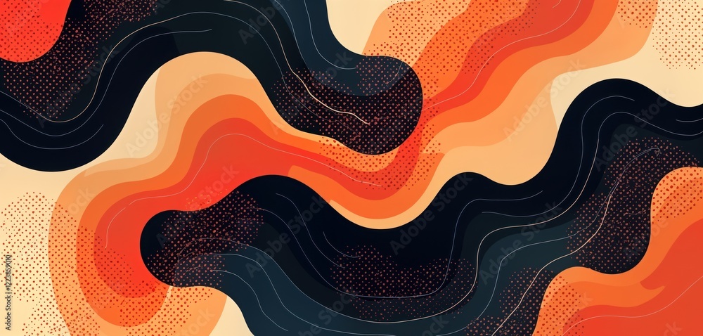 Aufkleber Abstract design with vibrant orange red, black shapes on light background. Fluid patterns create dynamic visual effect. Geometric shapes scattered, irregular. Seamless pattern ideal for textile