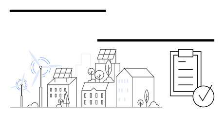 Naklejka premium Urban landscape with solar panels, wind turbines, greenery, and clipboard with a checkmark. Ideal for sustainability, renewable energy, urban planning, green living, eco design environmental goals