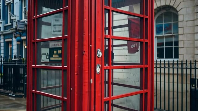 A classic British red telephone booth stands at a street corner, featuring glass panels, a domed roof, a 'TELEPHONE' sign, and a crown emblem.