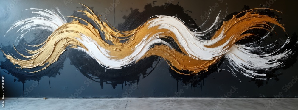Aufkleber Abstract art piece with flowing golden, white paint strokes on dark grey wall. Modern design elements create dynamic visual effect. Piece suitable for modern interior design projects. Possible uses