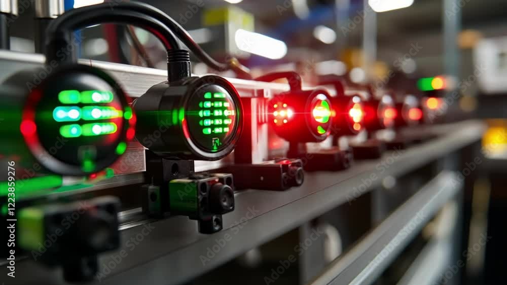 Poster electronic devices with led indicators in various colors and patterns undergoing testing on an assem