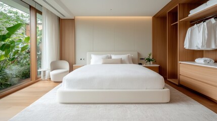Luxurious minimalist bedroom suite, tropical view, wood accents, calming atmosphere, hotel room design