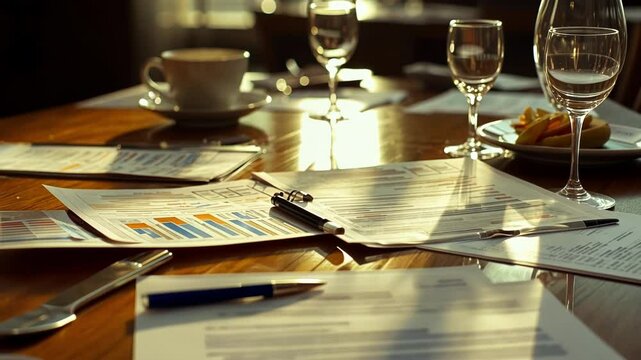 Scattered business documents, charts, and graphs resting on a polished wooden conference table, accompanied by coffee cups, wine glasses, and snacks, basking in warm sunlight