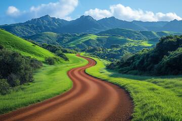 A Track Surrounded by Lush Rolling Hills with Running Water and Vibrant Greenery