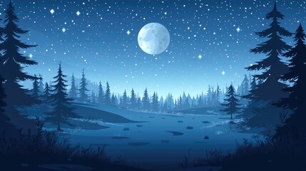 Fototapeta premium A Nighttime Forest Scene with a Full Moon and Stars