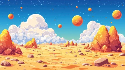 Desert Landscape with Planets and Clouds in a Cartoon Style