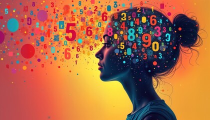 Profile view of person with numbers floating around head. Creative design style with colorful numbers, shapes. Concept of learning thinking about numbers, potentially math science related topics.