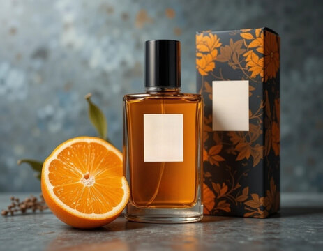 Dise&ntilde;o de producto packaging frasco de colonia con fragancia de naranja junto a su caja con las etiquetas en blanco