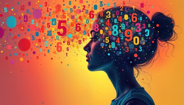 Profile view of person with numbers floating around head. Creative design style with colorful numbers, shapes. Concept of learning thinking about numbers, potentially math science related topics.