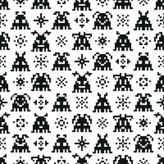 Vector Kids Seamless Pattern of Retro Pixel Video Game Abstract Aliens Characters and Stars. Funny Space Monsters in Pixel Art Style. Old School Arcade Game Computer Graphic Design. Black and White