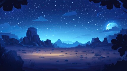 Naklejka premium Nighttime Landscape with Rocky Hills, a Full Moon, and a Starry Sky