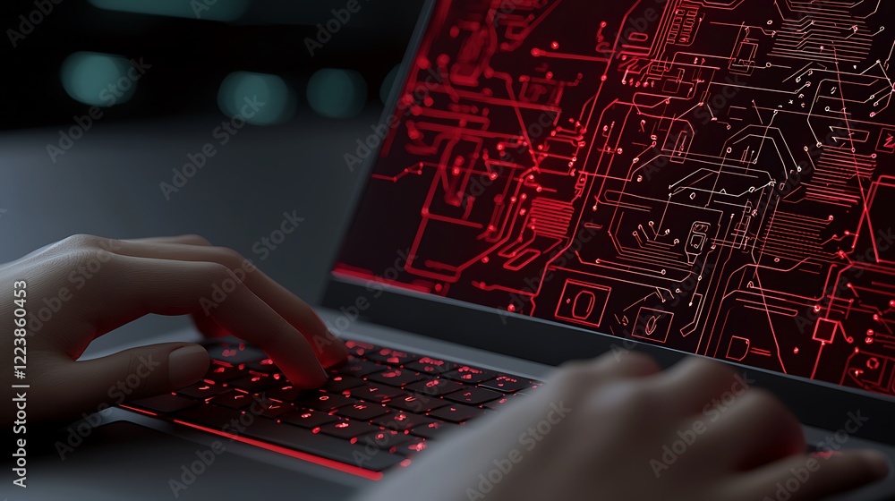 Poster hands typing on laptop with red circuit graphics
