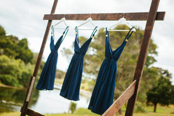 blue bridesmaid dresses hang on a wooden frame with river behind
