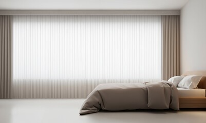 Modern minimalist bedroom interior with soft peach fuzz color empty wall. Large bedroom in bright white gray peach fuzz color tones with large windows. Modern trendy tone hue shade.